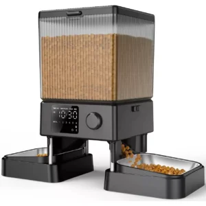 5L black dual-bowl automatic pet feeder with button control